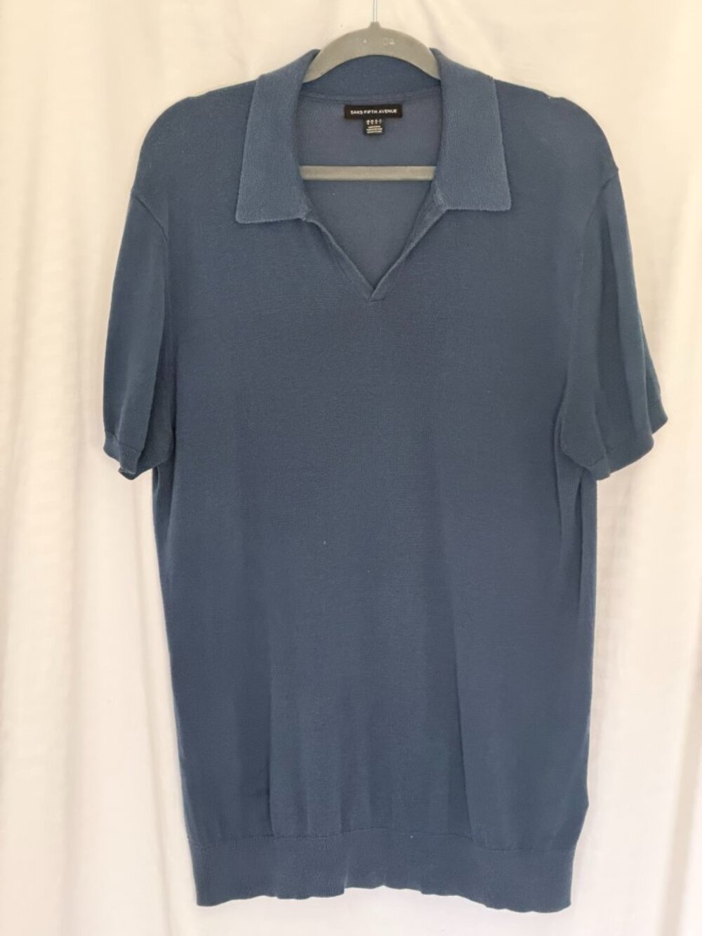 Saks Fifth Avenue Slate Blue Cotton Tencel Johnny Collar Knit Polo Sweater - M